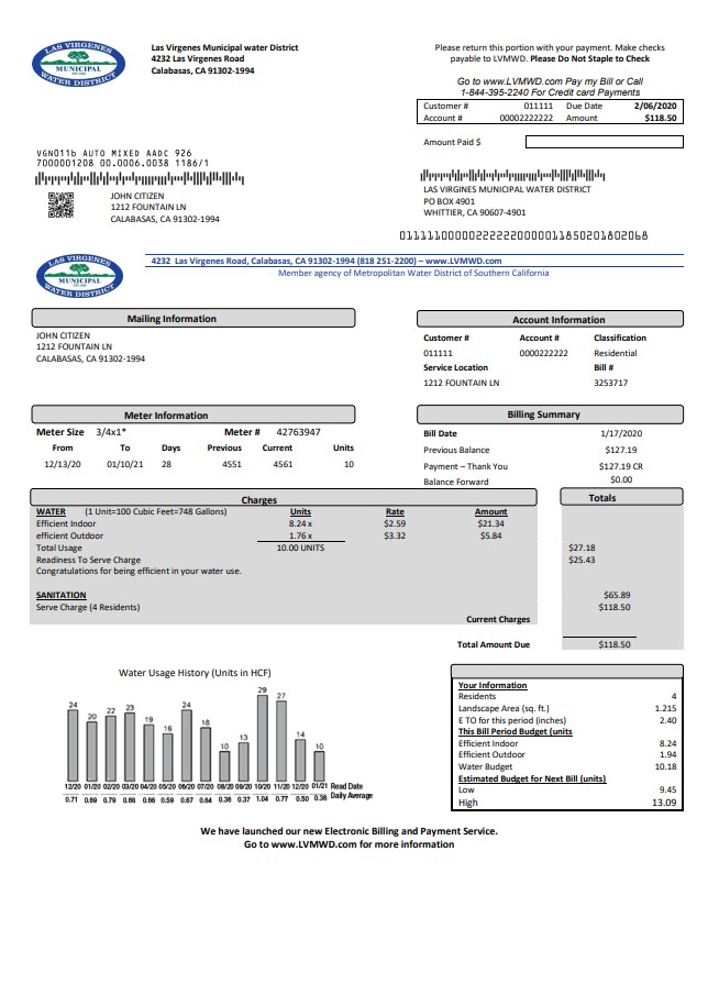 USA California Las Virgenes Municipal Water District utility bill template in Word and PDF format